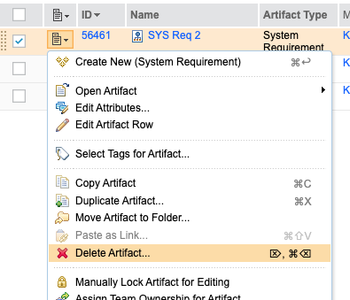 The delete requirement option is between the paste as link and manually lock artifact for editing options